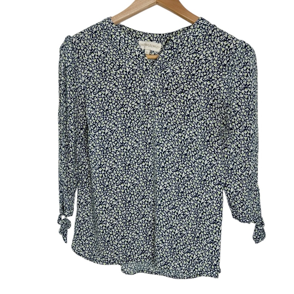 Cynthia Rowley Navy Ditsy Floral Print 3/4 Tie Cuff Sleeve V-neck Blouse size S